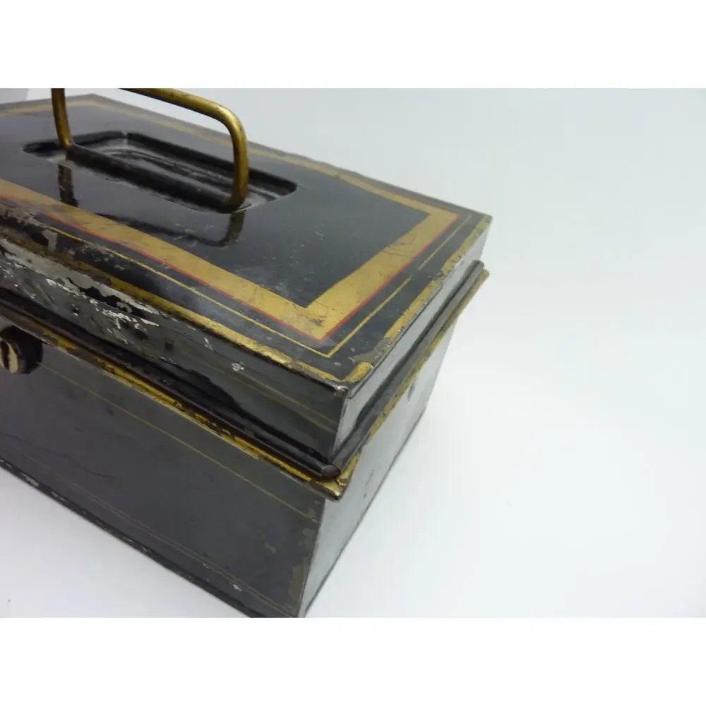 Damaged Antique Metal Cash Box Vintage 1920s Document Safe Black Pinstripe